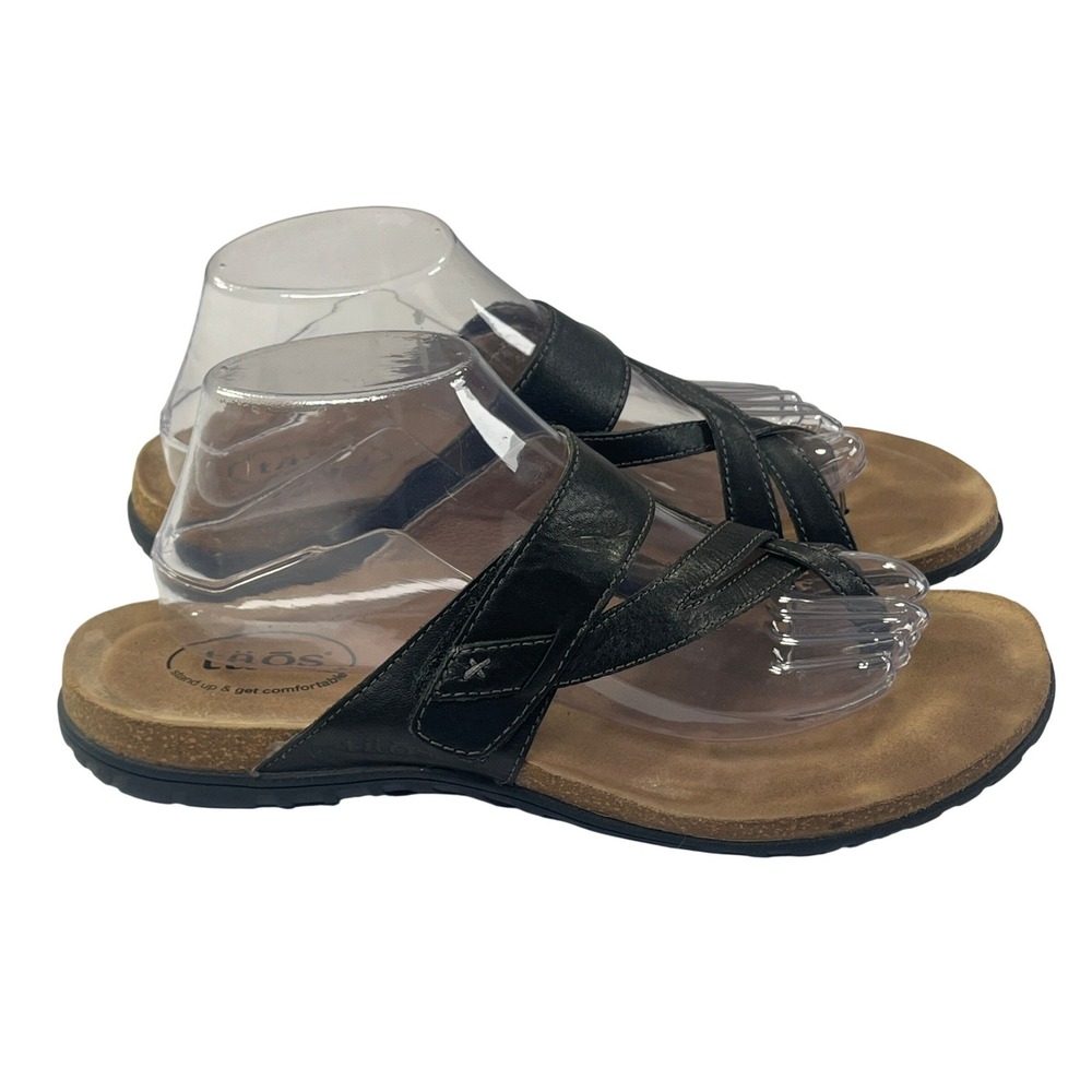 Taos Perfect Sandals Womens 11 Black Leather Adjustable Slide Thong Comfort Boho